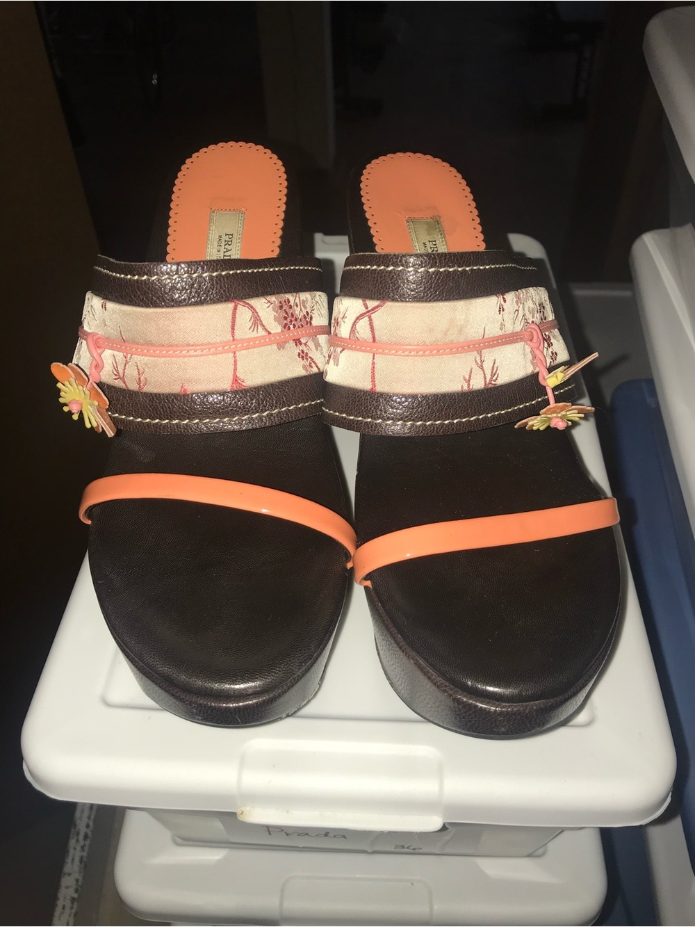 Vintage Prada Women's Brown and Coral Slip-On Sandals with Floral Accent